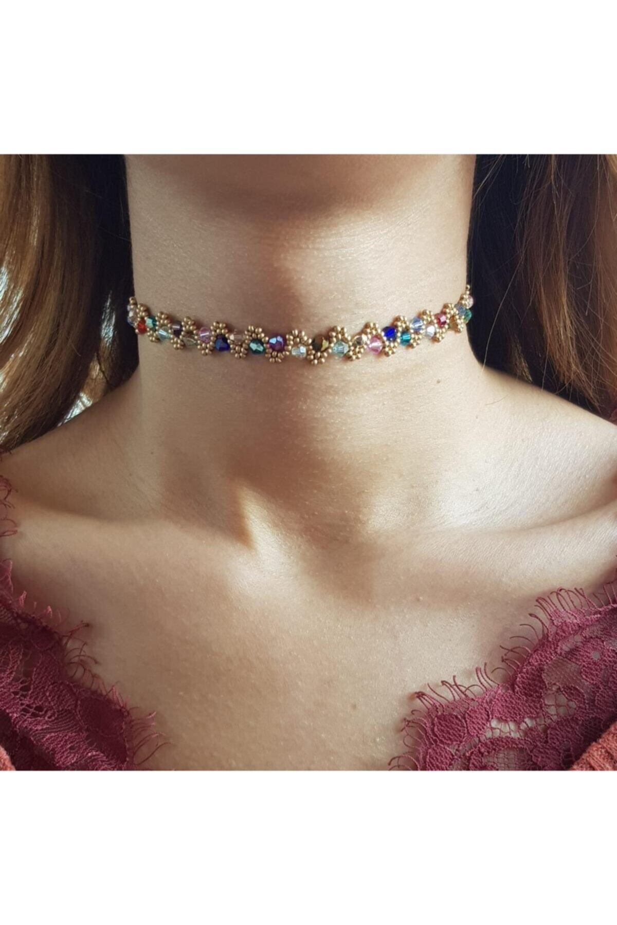 Handmade By HLY El Yapımı Karışık Kristalli Choker Kolye