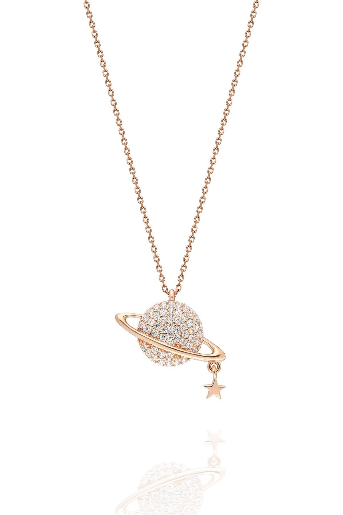 Silver Loti Kadın Pembe Satürn Gezegen Model Taşlı Golden Gümüş Kolye