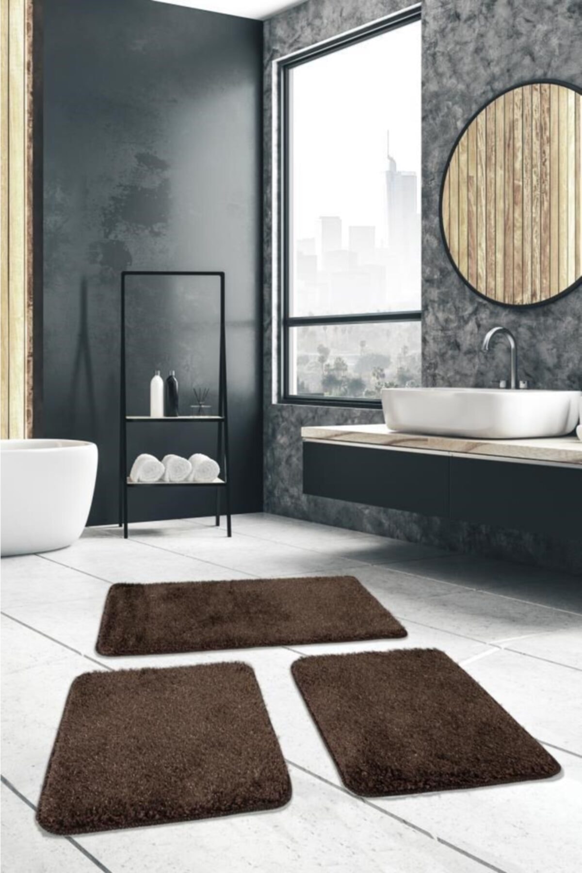 EUROBANO Home - %100 Doğal Kaymaz Taban Işıltılı Kahve Yıkanabilir 3’lü Banyo Halısı,paspas