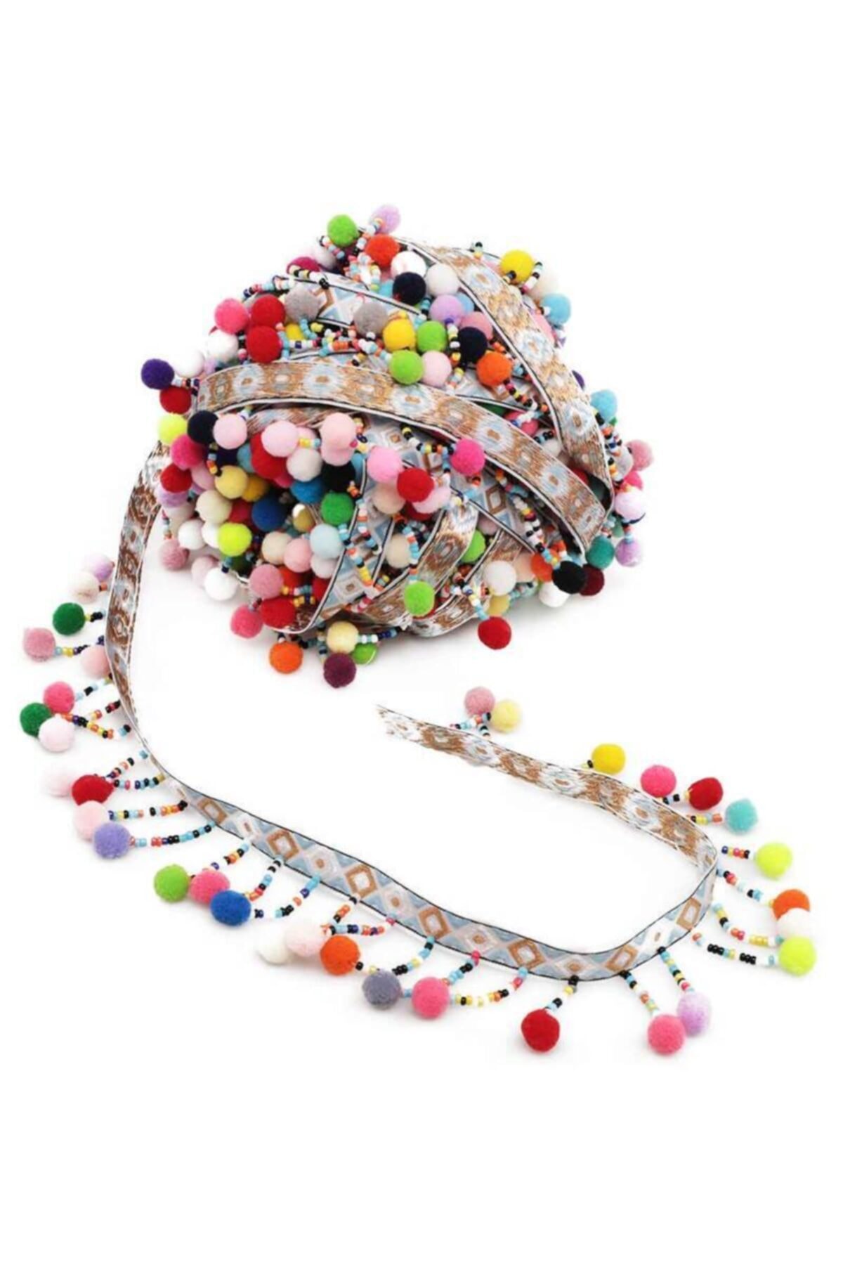 RENGİNN Kadife Boncuklu Ponponlu Şerit 10cm Renkli