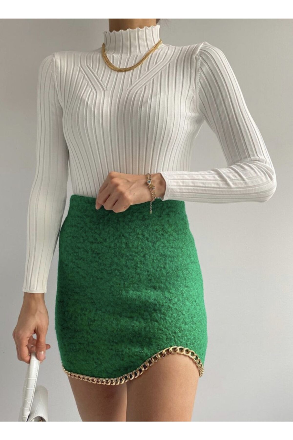 Miyu Accessories Miyu Yeşil Zincirli Kaşe Etek