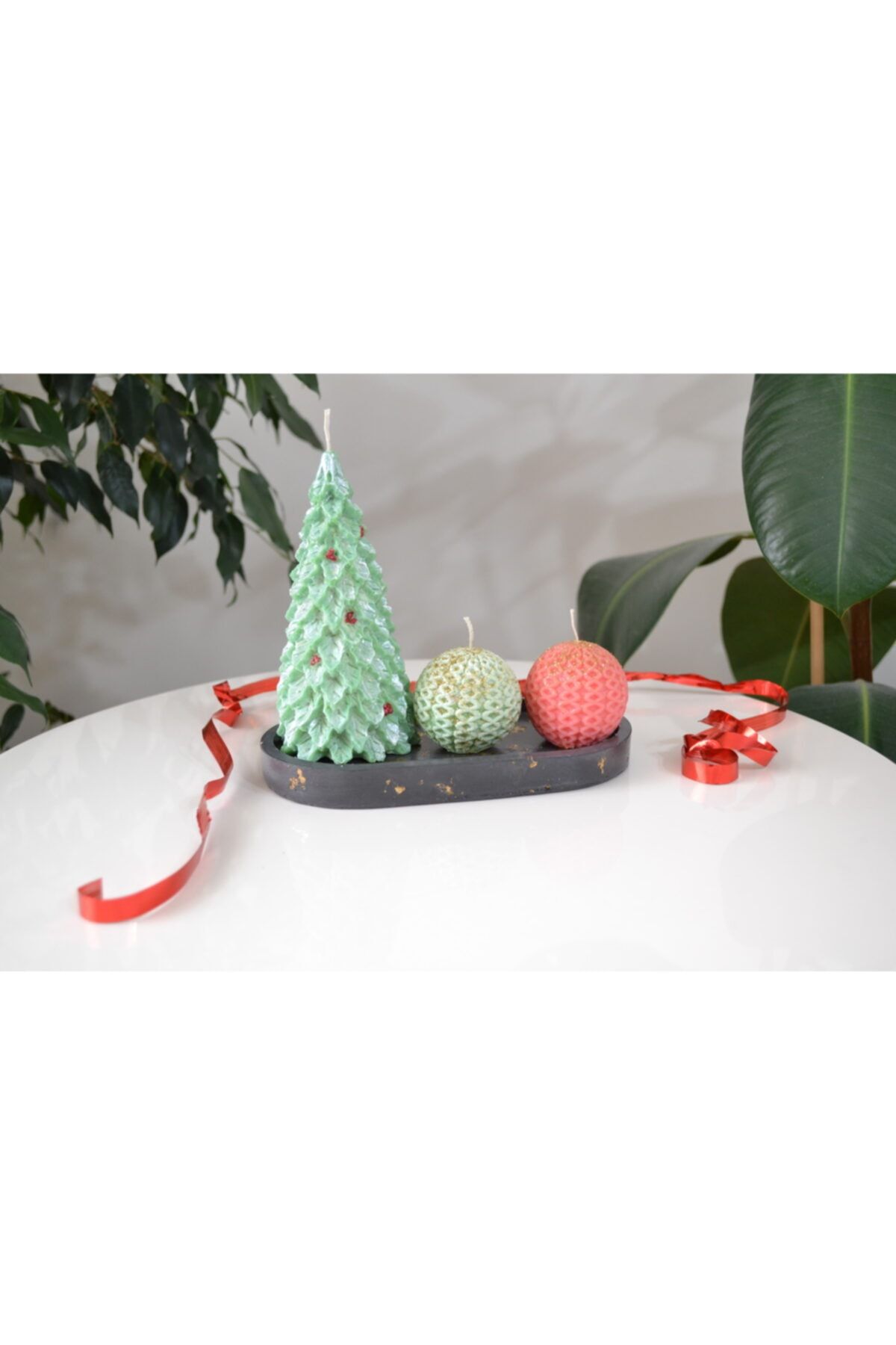 Leau Candle Çam Ağaçlı Örgü Top Soya Wax Kokulu Mum Sunum Tabağı
