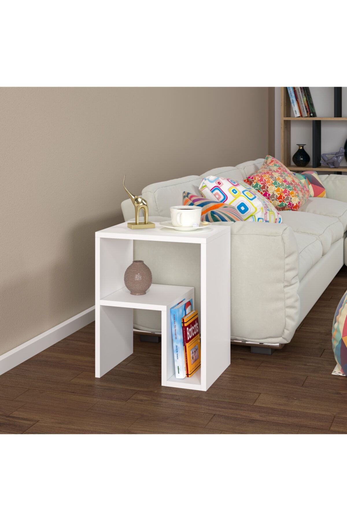 ARNETTİ Selino Yan Sehpası Beyaz 50x40x29,6cm Raflı Özel Tasarım Kolay Kurulum