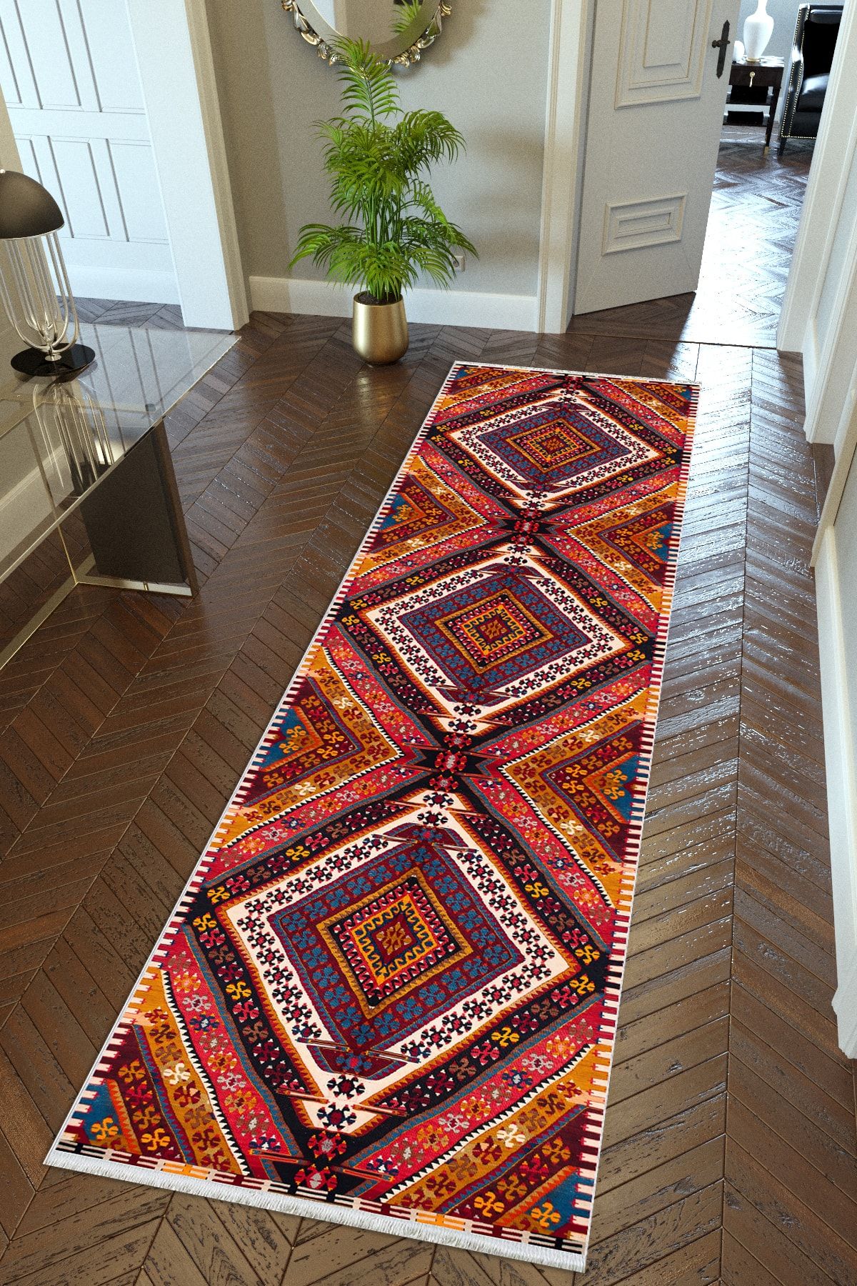10 Post Online Yolluk Kilim Desenli Otantik Kahverengi Kaymaz Kesme Yıkanabilir Ince Dijital Baskı Koridor Halısı