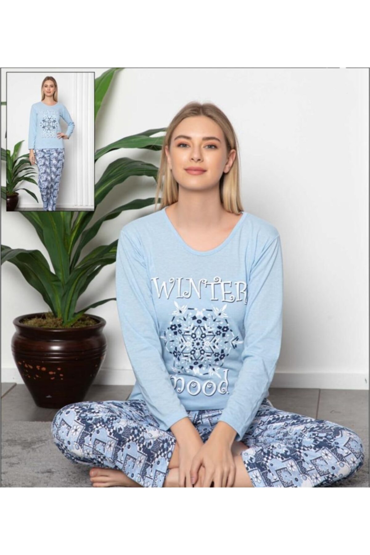 USLULAR Açık Mavi Wınter Baskılı Uzun Kollu Pijama Takımı