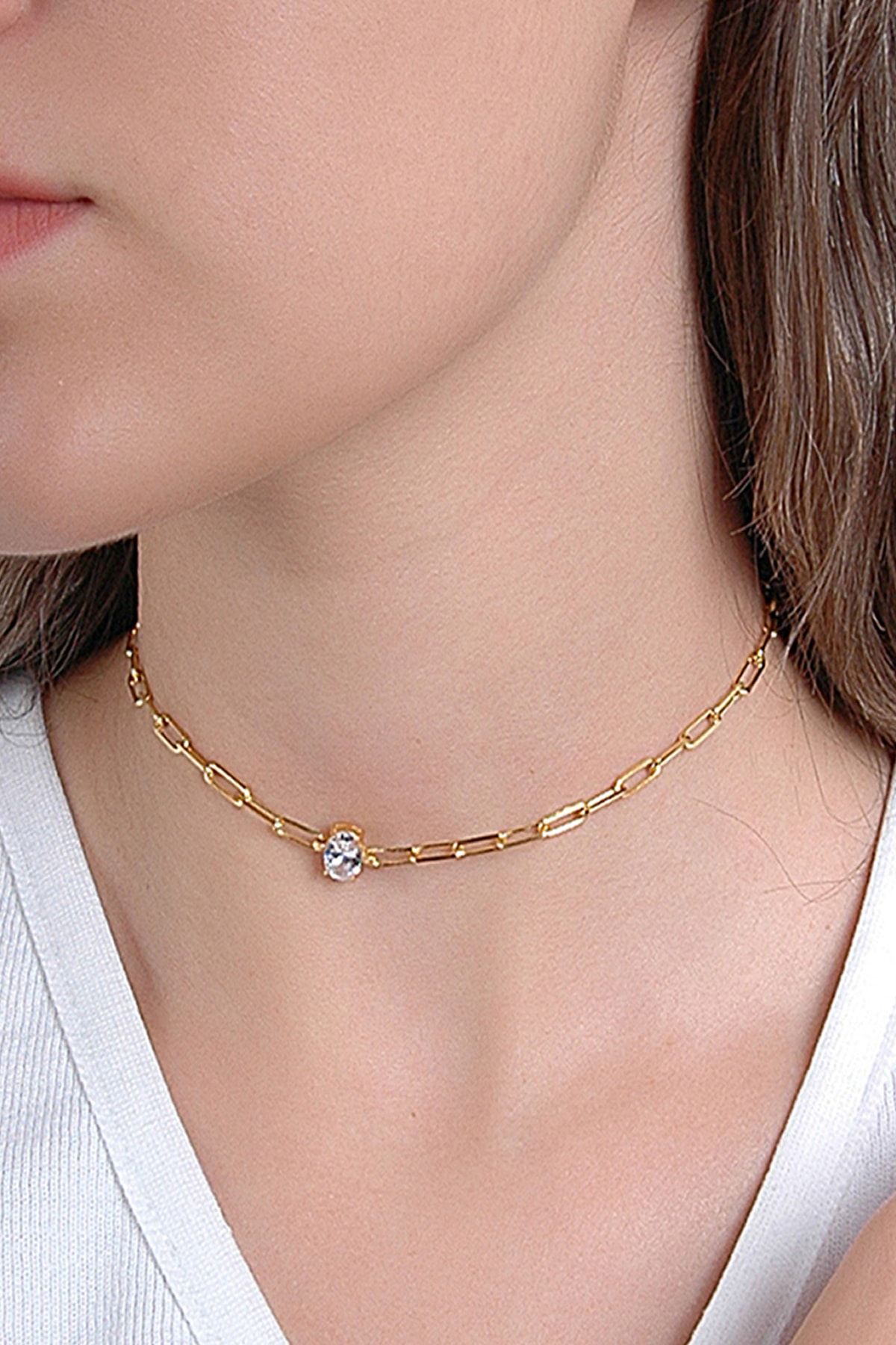 Qielle 925 Ayar Gümüş Beyaz Tek Taş Altın Zincir Choker