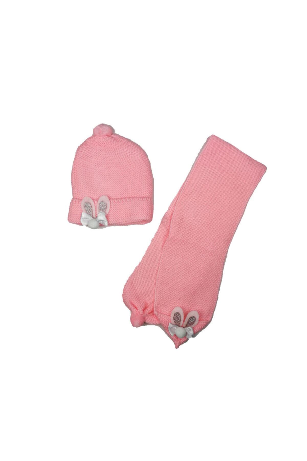 AGES ANGELS Fiyonk Nakışlı Pembe Triko Bere Atkı