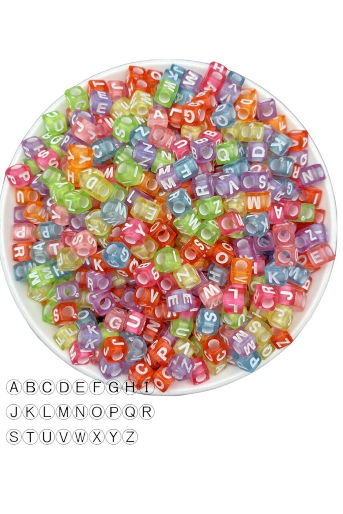 Hedef Bijuteri 50gr Harf Boncuk,6mm Karışık Renkli Şeffaf Küp Harf Boncuk (50gr, 330 Adet)