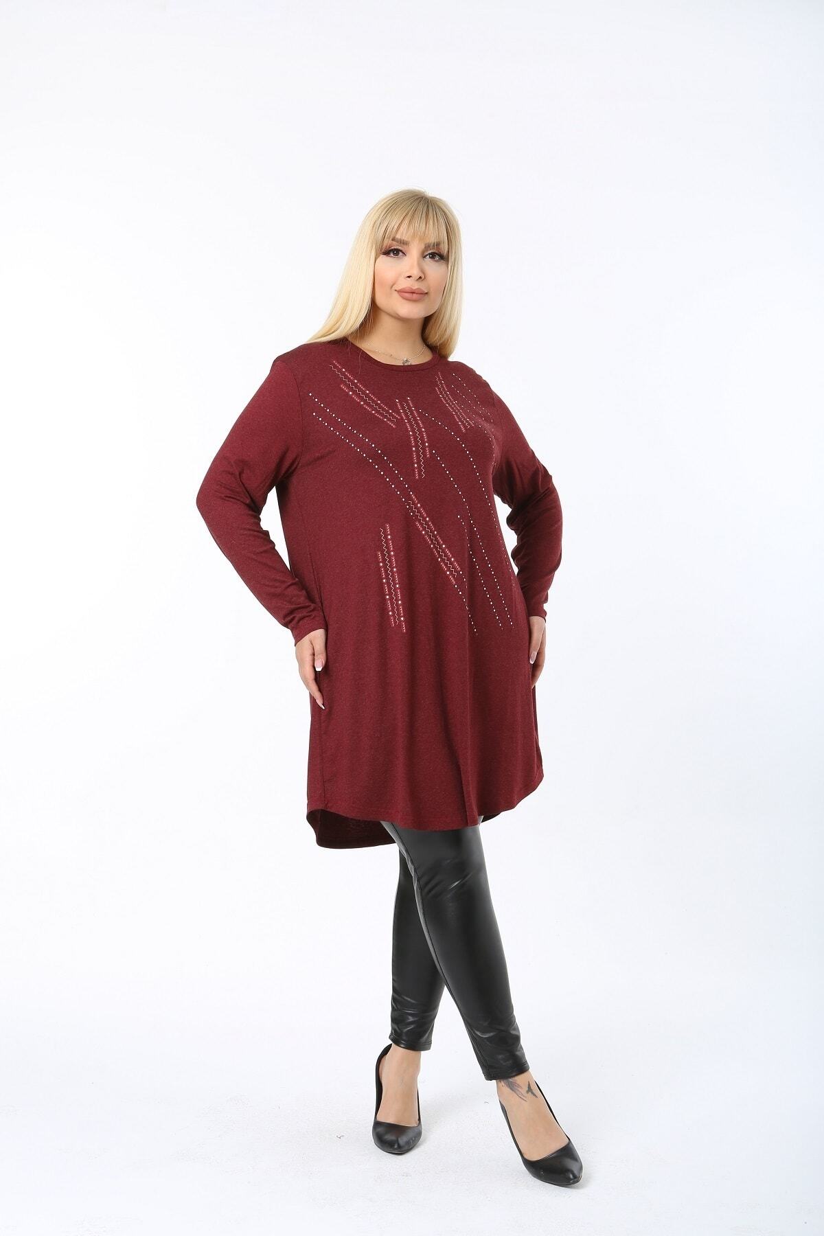 Butik Şımarık Kadın Büyük Beden Bordo Renk Yün Viskon Kumaş Tunik