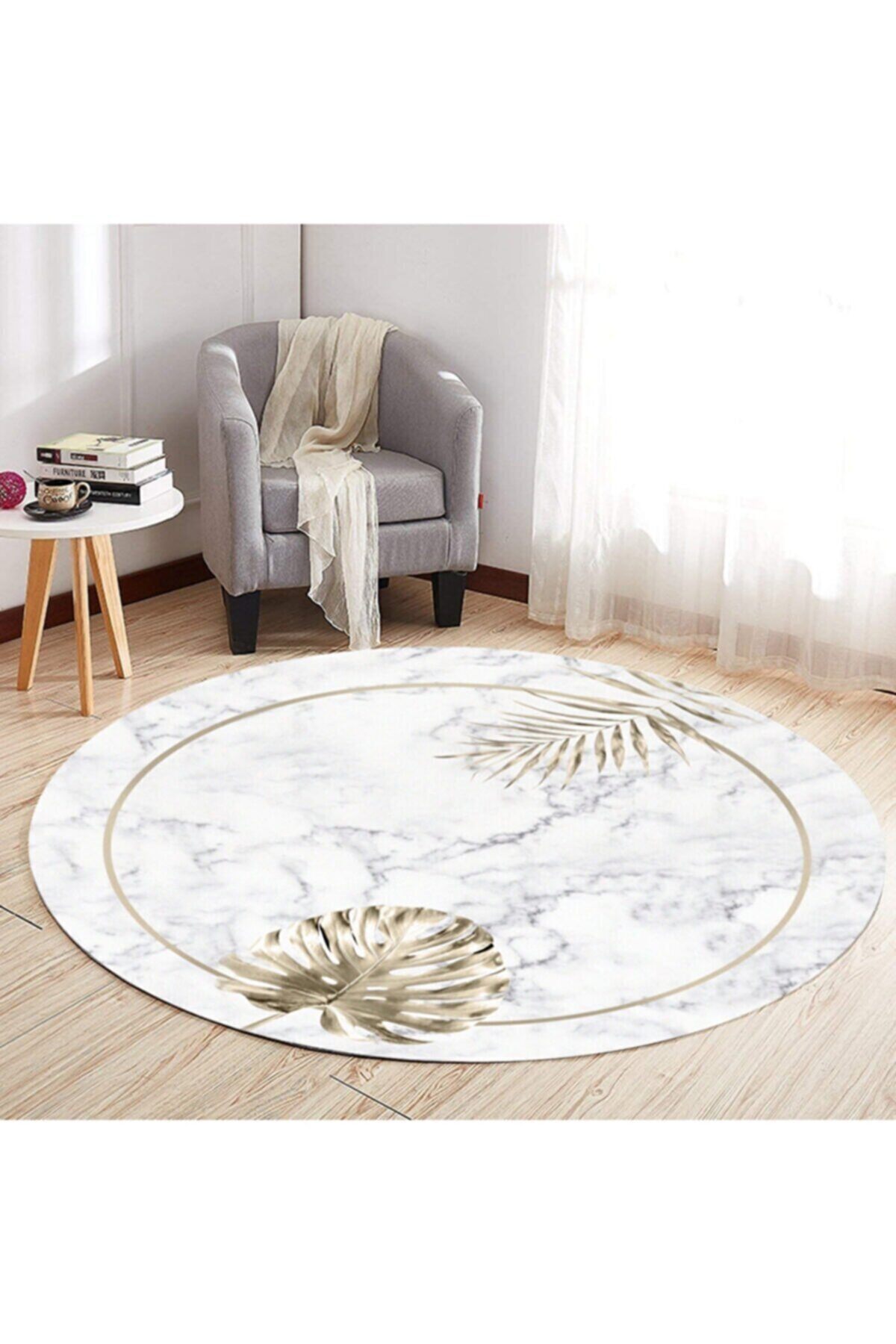 Razz Moda Mermer Yaprak Desenli Yuvarlak Banyo Paspası Halı