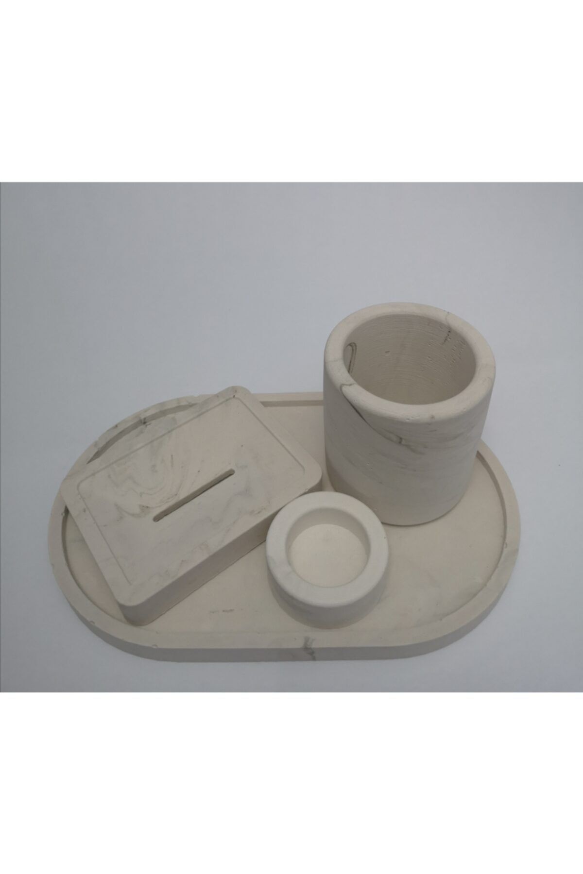 Viol Home Beyaz Beton Banyo Set Diş Fırçalık Dikdörtgen Sabunluk Oval Tepsi Mumluk