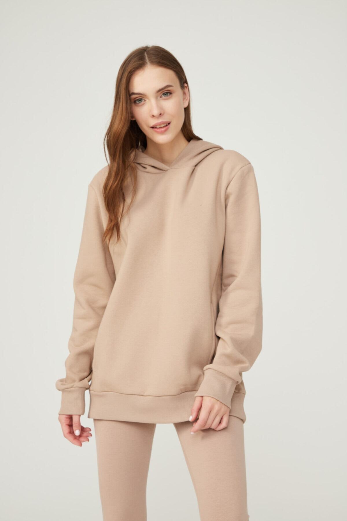 BO Basics Kadın Pastel Kahverengi Oversize Kapüşonlu Üst