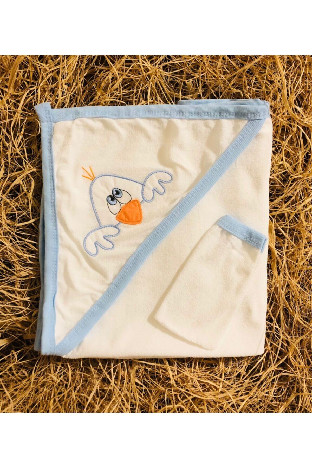 BEBAYLİN %100 Pamuk Mavi Penguen Desenli Bebek Banyo Havlusu Ve Kesesi -