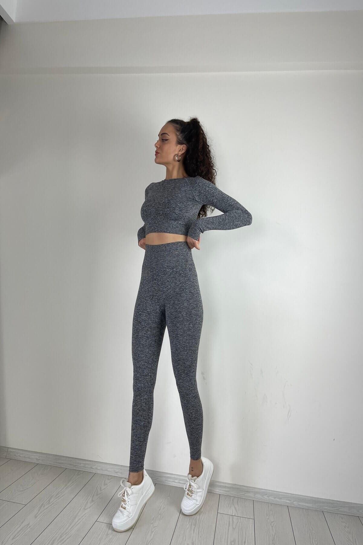 butikgogirl Kırçıllı Gri Toparlayıcı Push Up Uzun Tayt Takım