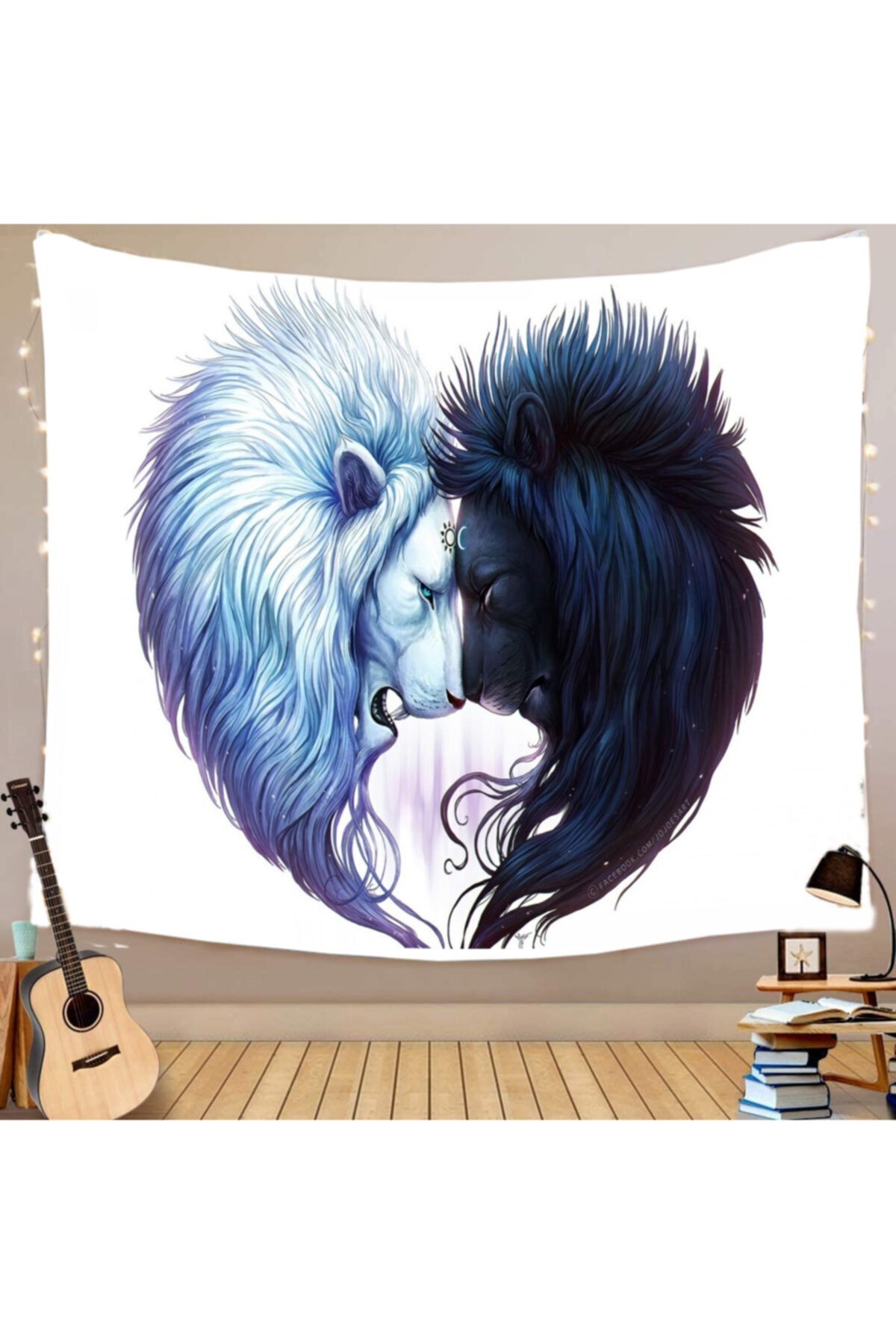massare Yin Ve Yang Temalı Lacivert Beyaz Aslan Kafası Duvar Halısı Örtüsü Tapestry