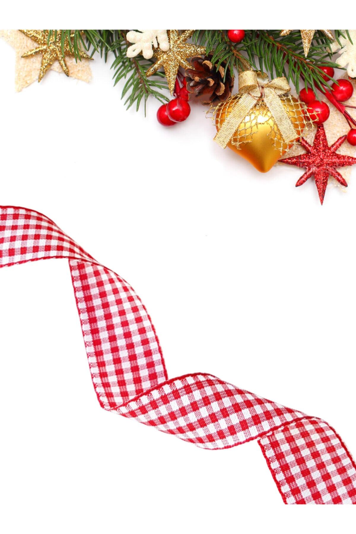 E Elmas Ekose Yılbaşı Kurdelesi 2 Cm 5 Metre Kırmızı-beyaz