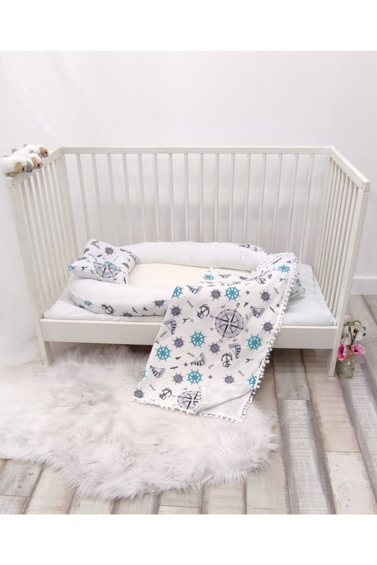 mordesign Anne Yanı Babynest Bebek Park Yatak Ve Pike, Yastık Hediyeli, %100 Pamuklu Kumaş, Gemici Serisi