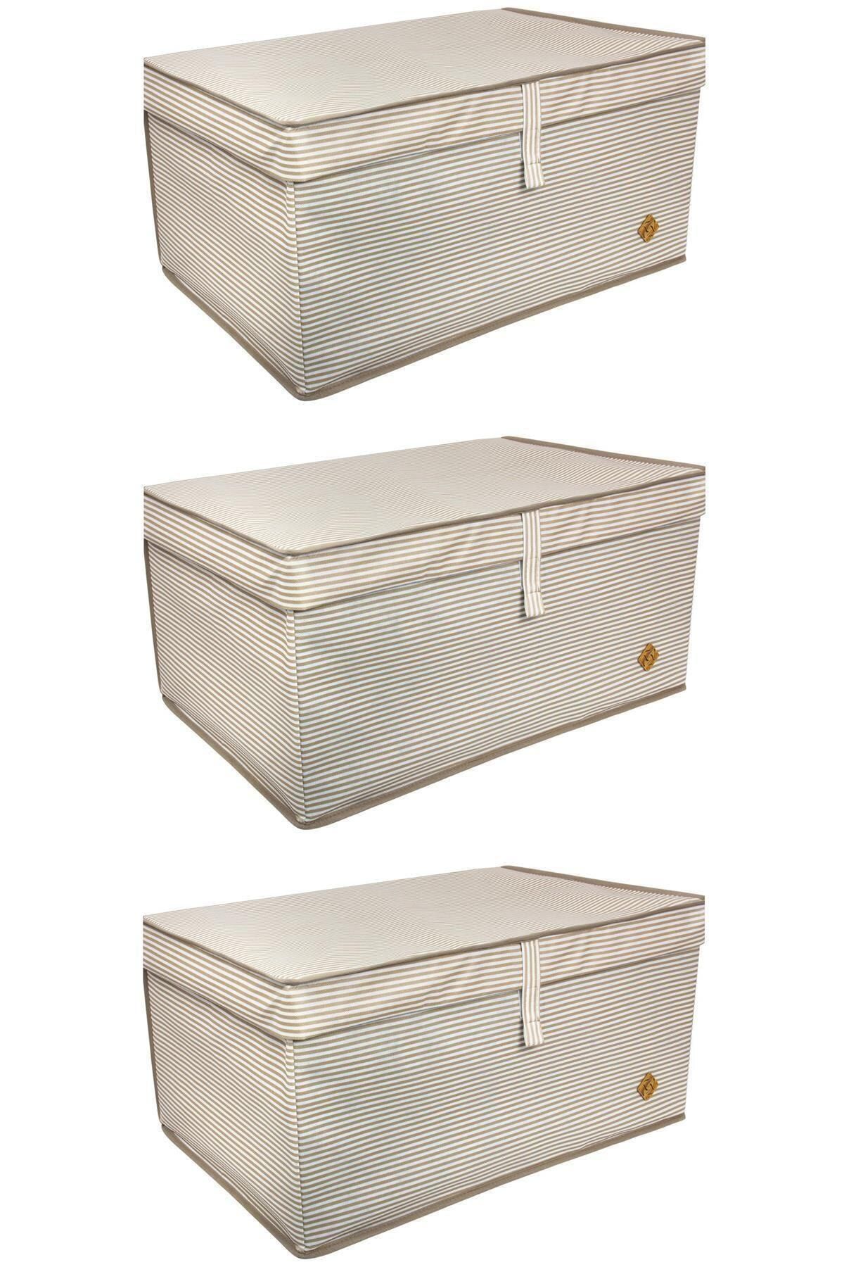 ALAS 3'lü Kahverengi Çizgili Mega Plus Çok Amaçlı Kutu 70x40x30 cm