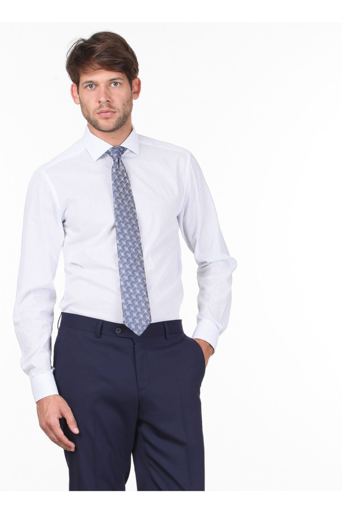 Kip Fitted Desenli Lacivert Takım Elbise
