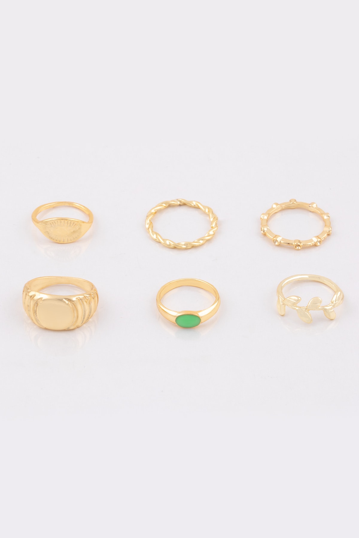 Alina Mine Taşlı Ve Yaprak Figürlü 6'lı Set Kombin Yüzük Altın Rengi