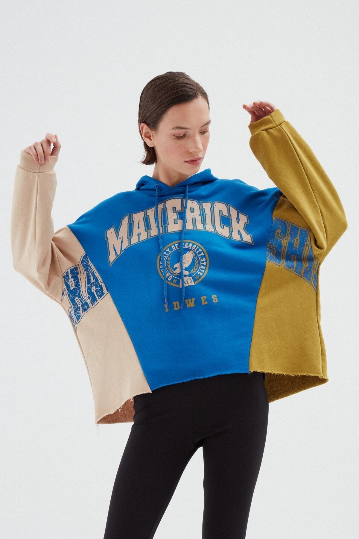 Quzu Kapşonlu Oversize Sweatshirt Sax