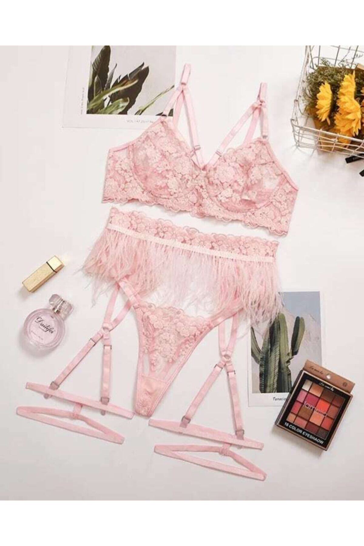 Gaia Underwear Frejya Pembe Tüylü Tasarım Jartiyer Takımı