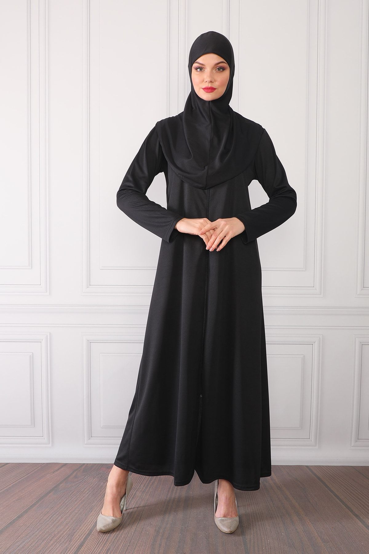 Feyza Fashion Kadın Fermuarlı Başörtülü Tek Parça Siyah Namaz Elbisesi