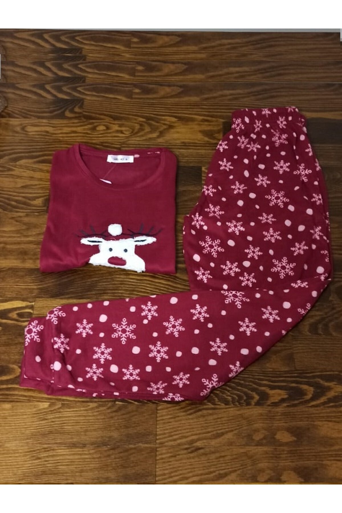 BAHHAR - Termal Kumaş , Kış Temalı , Geyik Figürlü , Cepsiz , Kadın Pijama Takımı