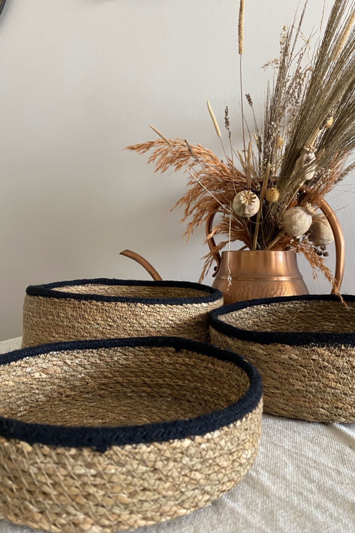 Pofu Home Hasır 3lü Siyah Şeritli Natural Çok Amaçlı Düzenleyici Set Sepet