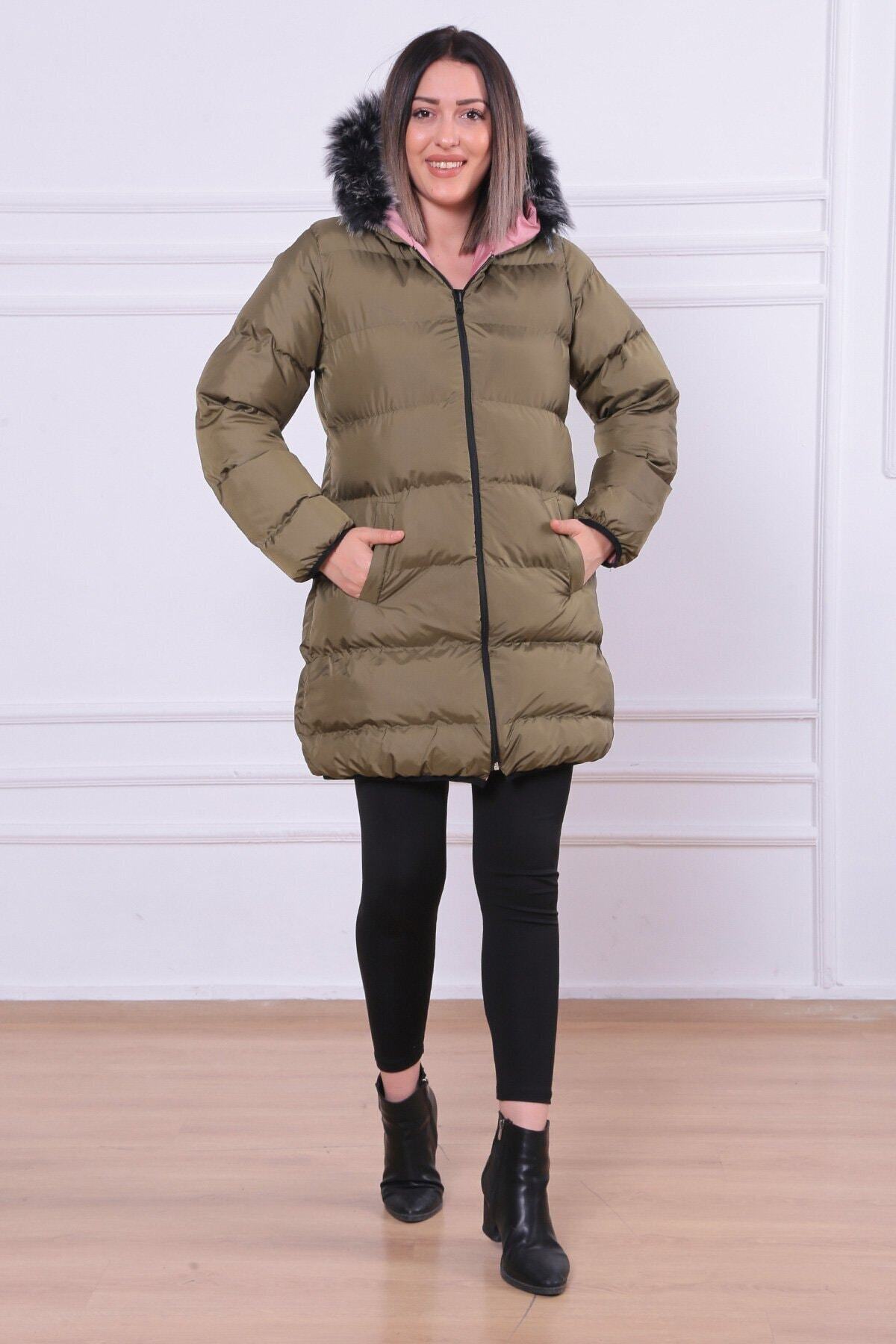GÜLSELİ Kapüşonu Peluş Çift Taraflı Mont