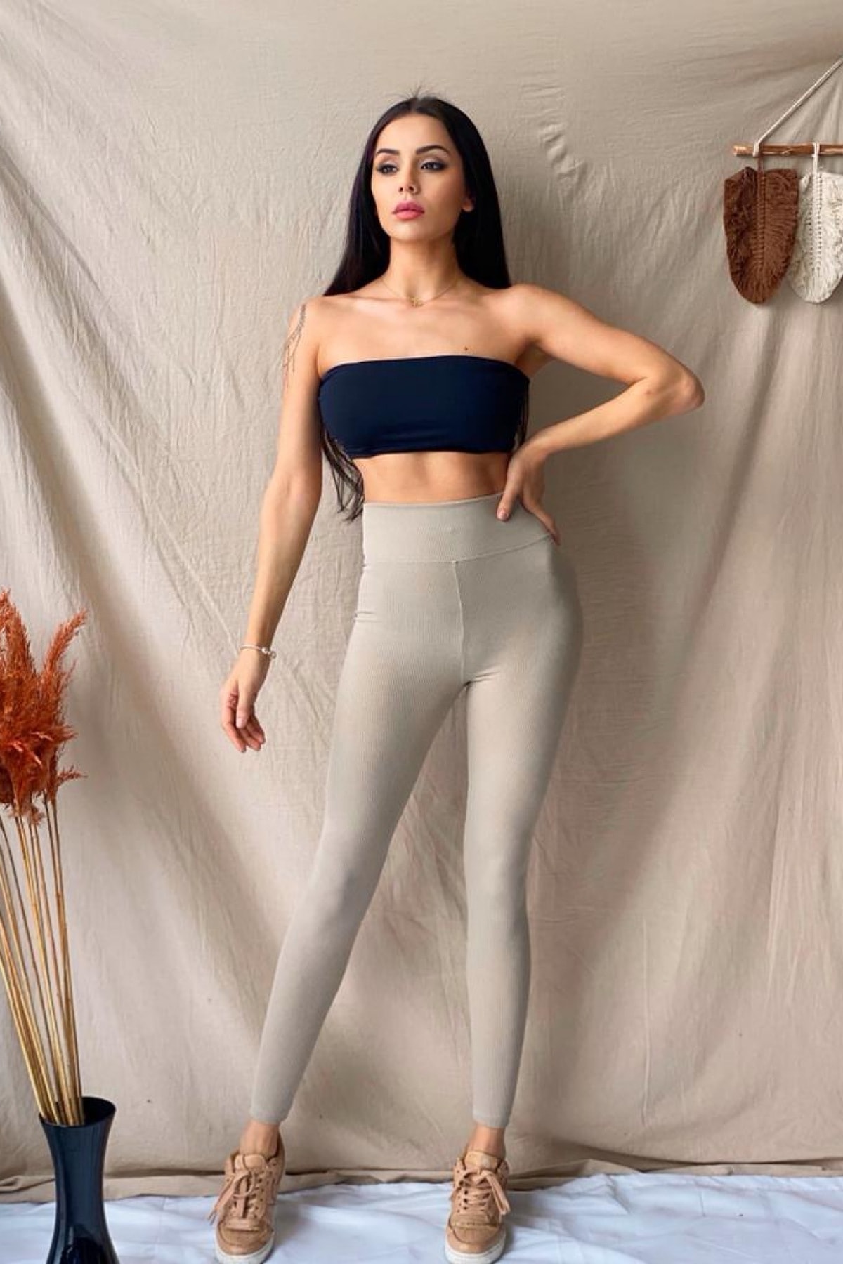 AYNADİ Kadın Bej Rengi Yüksek Bel Fitilli Spor Tayt