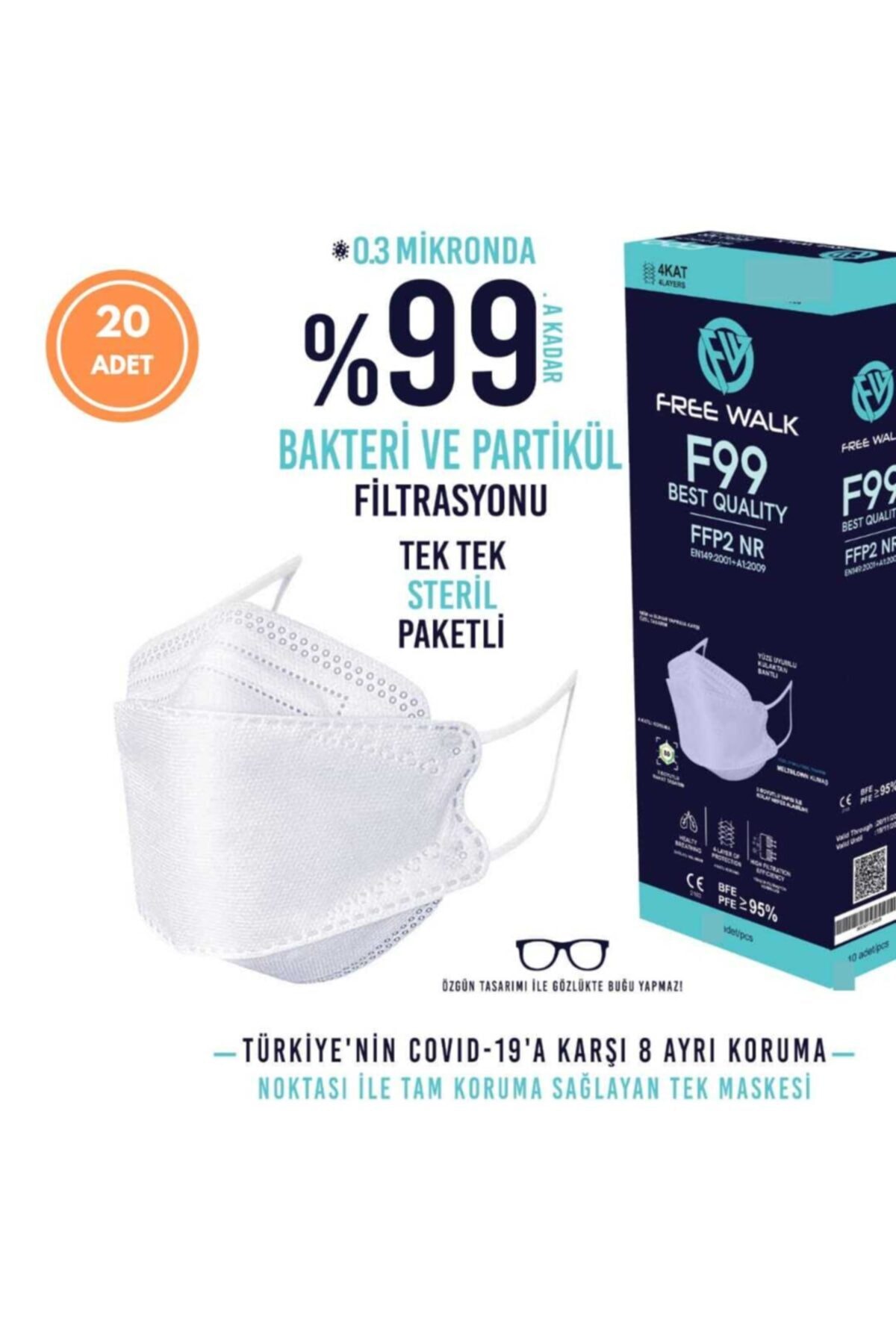 Free Walk Kore Tipi F99 -f95 Best Quality Kf94 Maske Beyaz 2 Kutu 20 Adet