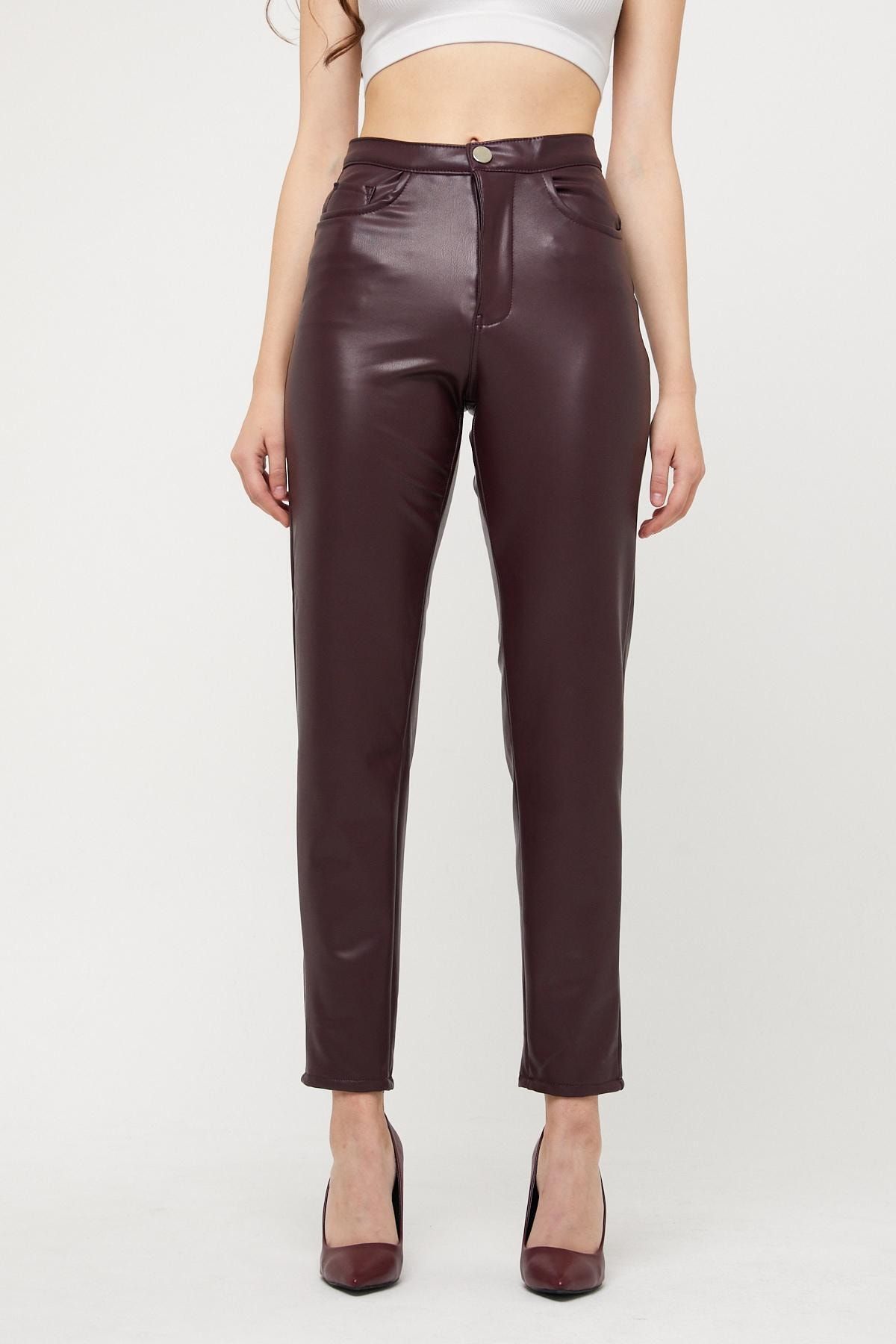 XRAY JEANS Kadın Mom Fit Deri Pantolon Bordo