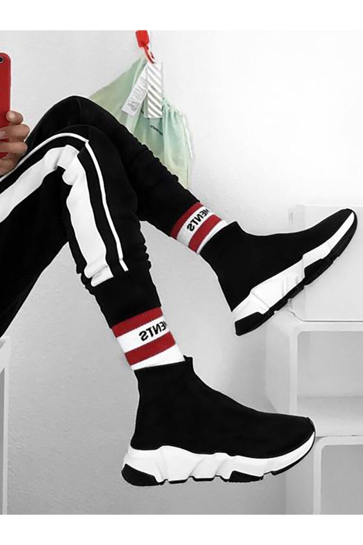 NOVELYA Kadın Taban Beyaz Çoraplı Yüksek Taban Sneakers Ayakkabı