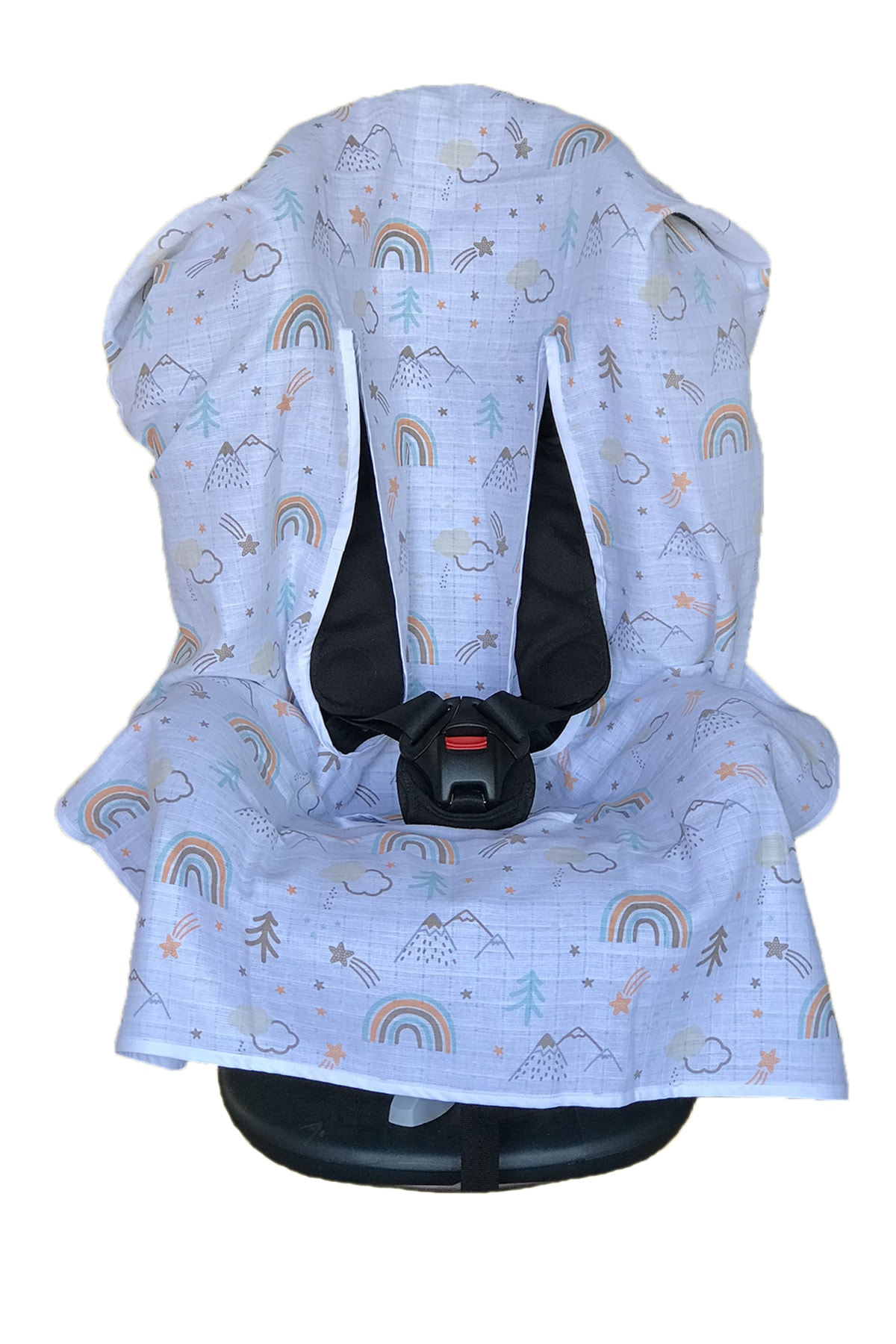 HELENİTO Organik Müslin Oto Koltuğu Ve Ana Kucağı Kılıfı Gökkuşağı Desen Özel Keseli