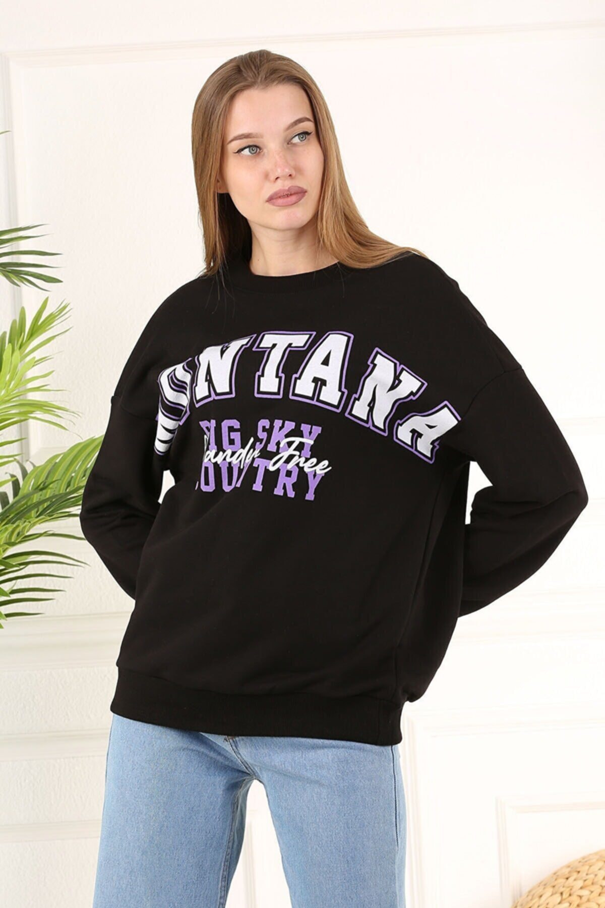 Elifalyabutik Montana Baskılı Bisiklet Yaka Bayan Siyah Sweatshirt