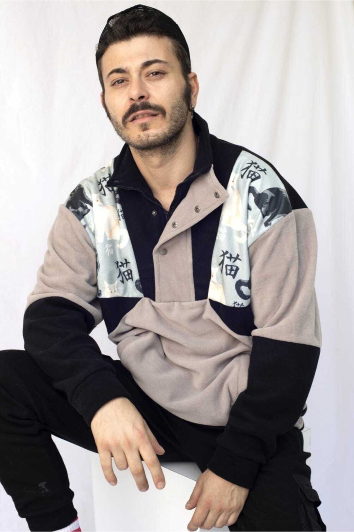 Vatkalimon Unisex Siyah Gri Yarım Fermuarlı Polar Sweatshirt