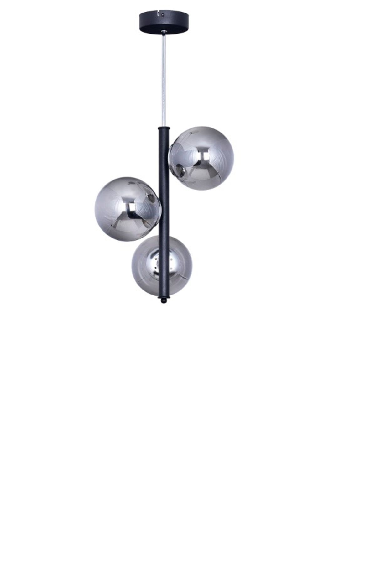 ENG HOME AYDINLATMA Pella Siyah Krom Metal Gövde Füme Camlı Tasarım Lüx Avize 3'lü