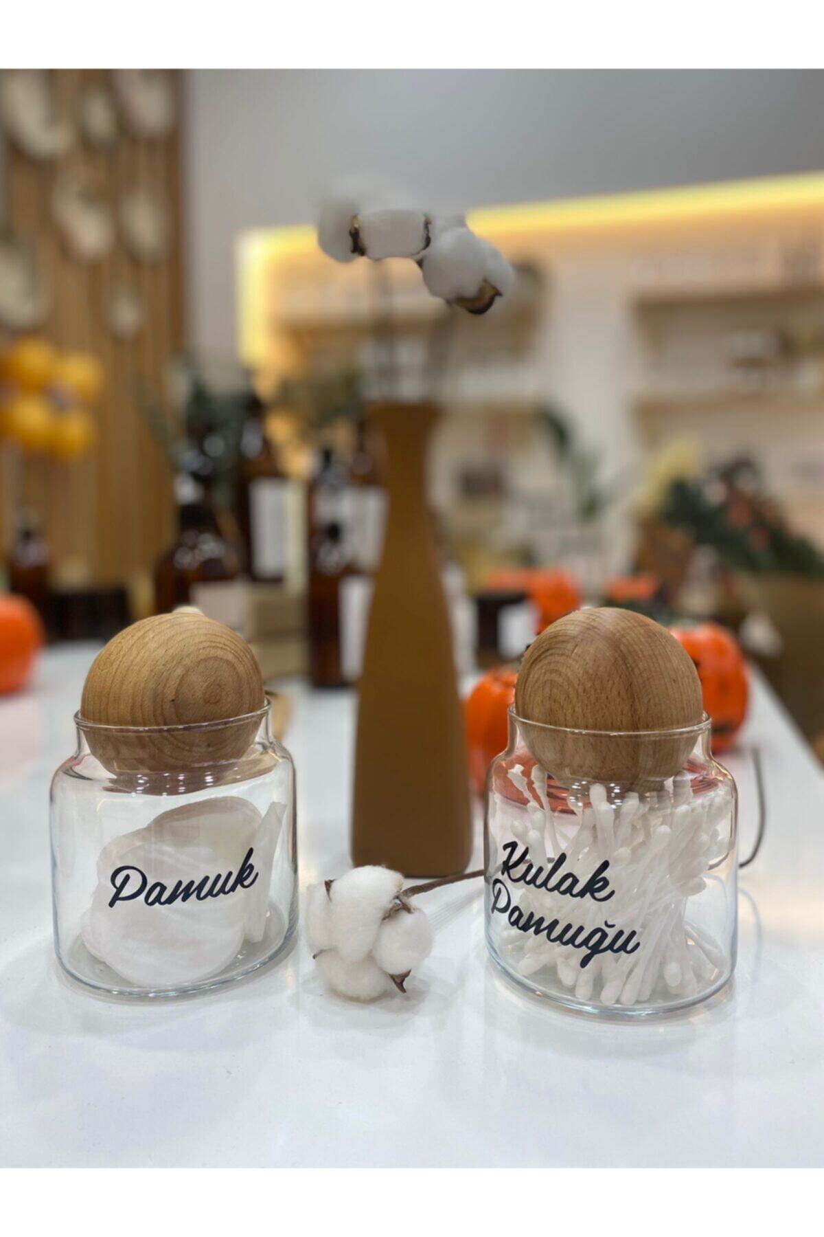 SİDERDESİNG 2'li Set Cam Dekoratif Top Kapaklı Kulak Pamuğu & Pamuk 500 Ml
