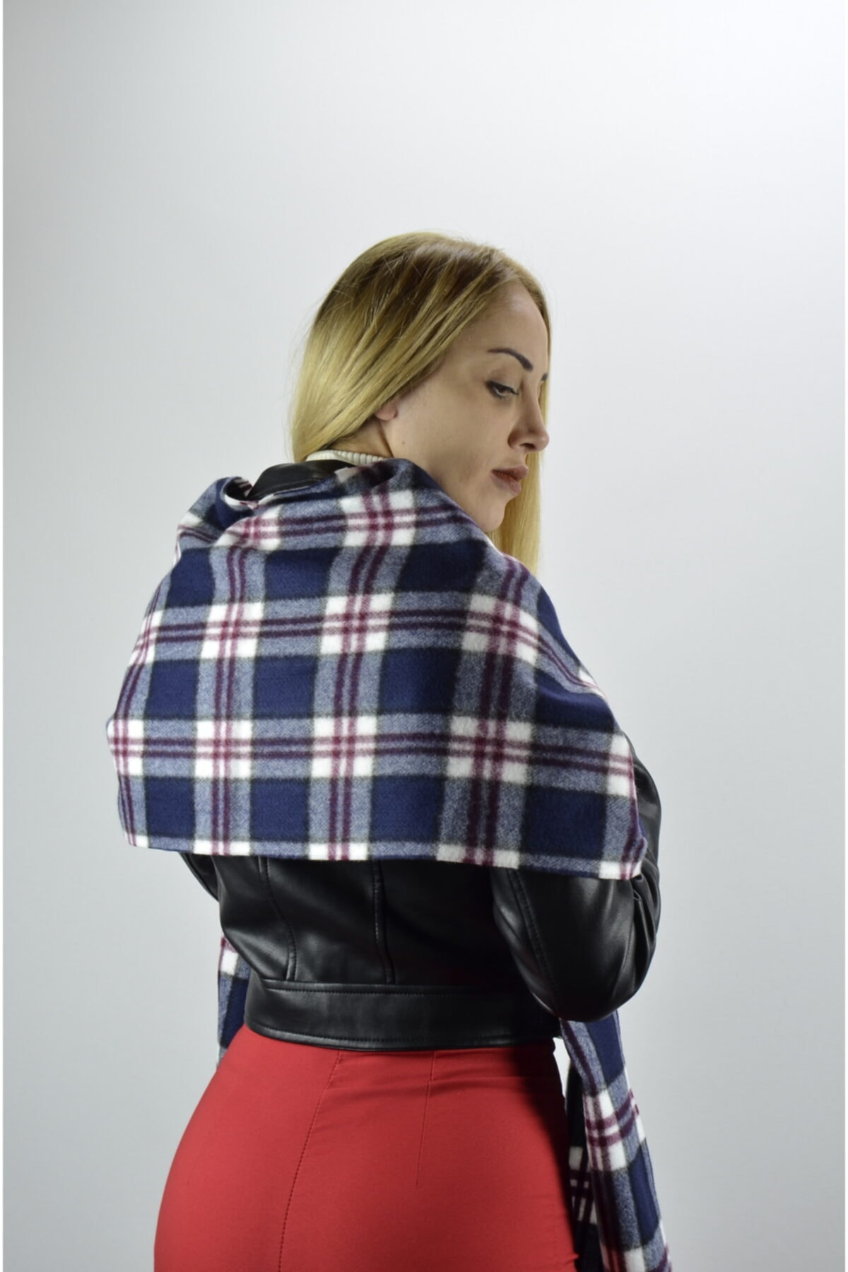 moda kaşkol Moda Lacivert Kareli Akrilik Dokuma Atkı