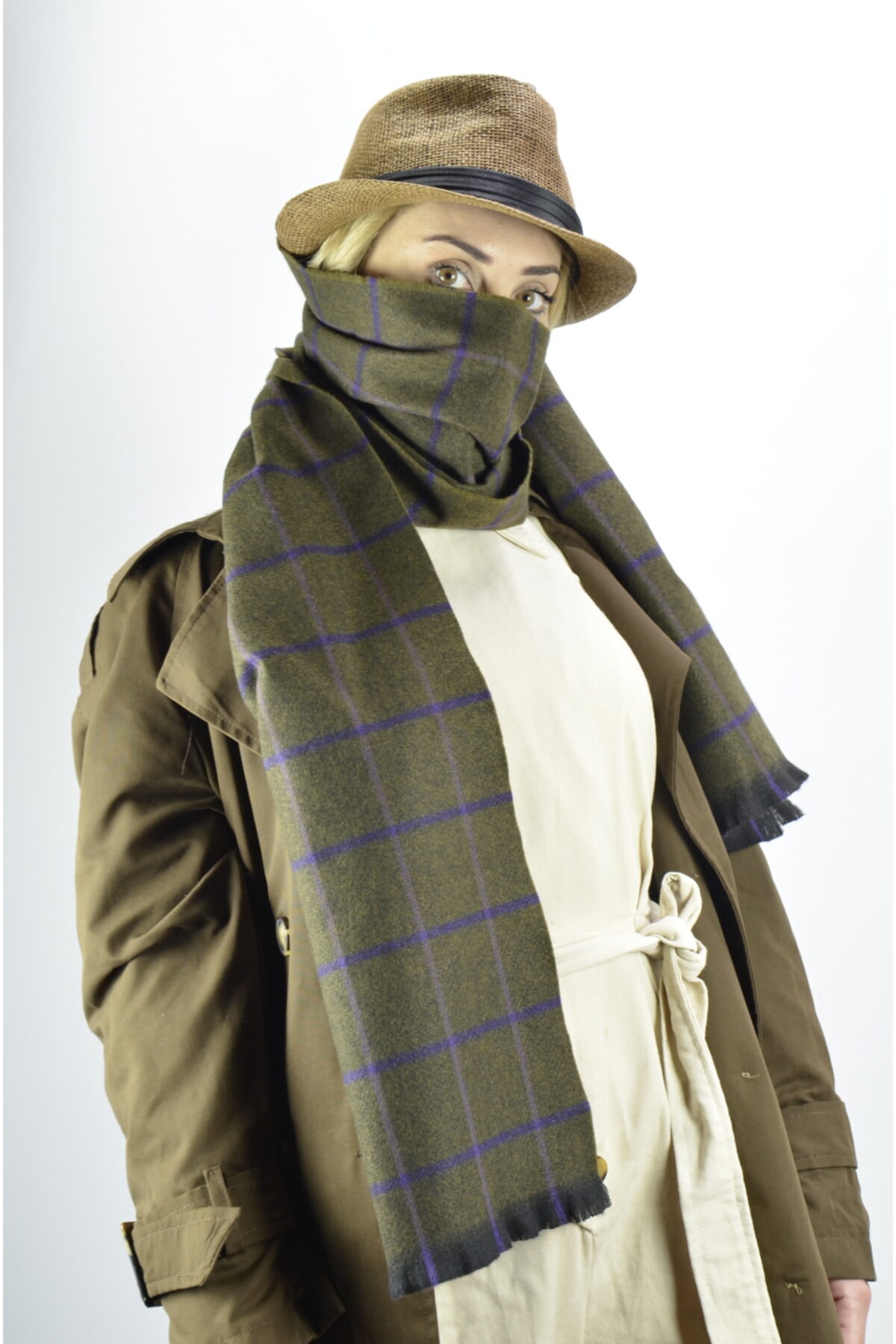 moda kaşkol Moda Kareli Asker Yeşili Kaşmir Doku / Melanj Dokuma Atkı