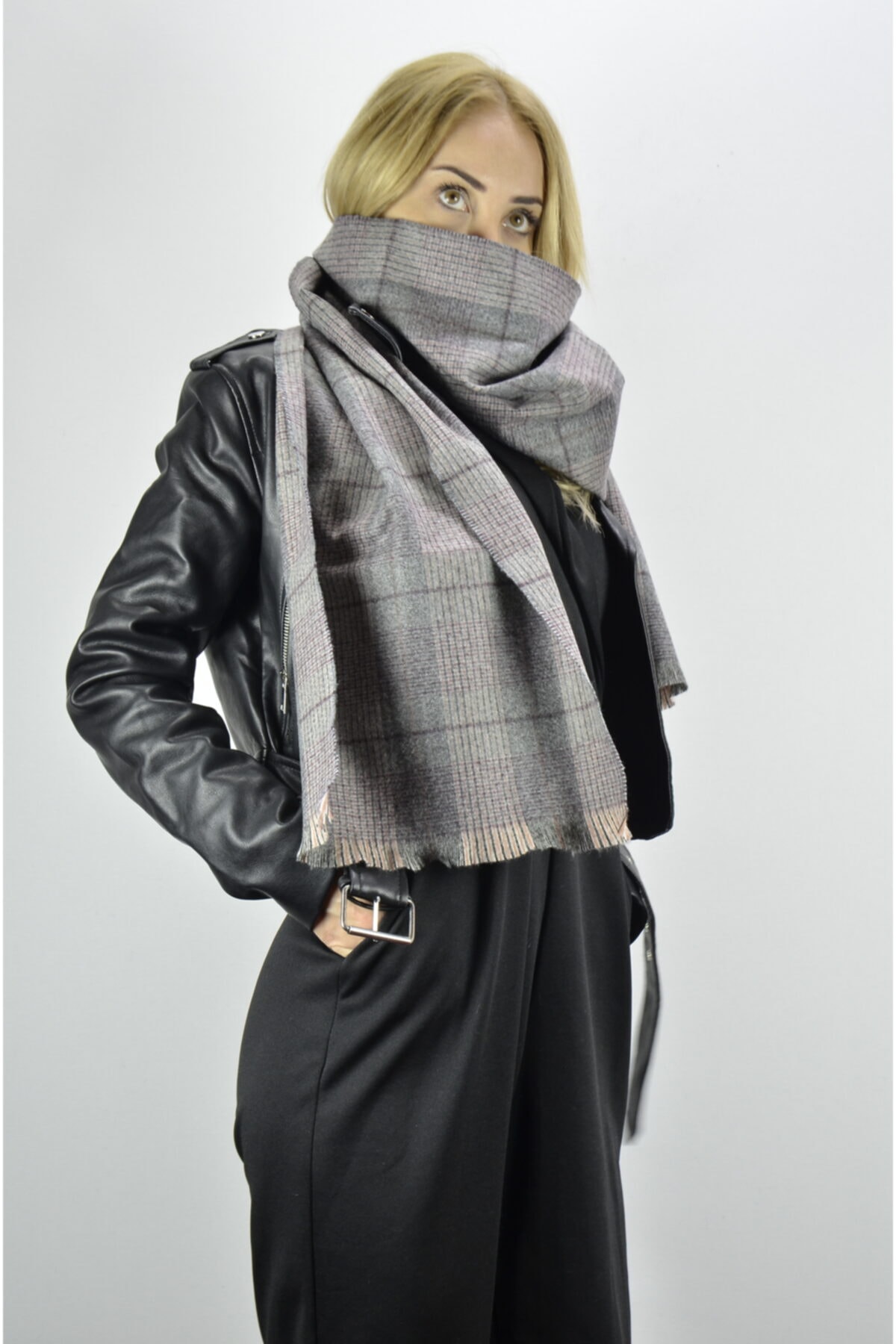 moda kaşkol Moda Kareli Ekru Gri Kaşmir Doku / Melanj Dokuma Atkı