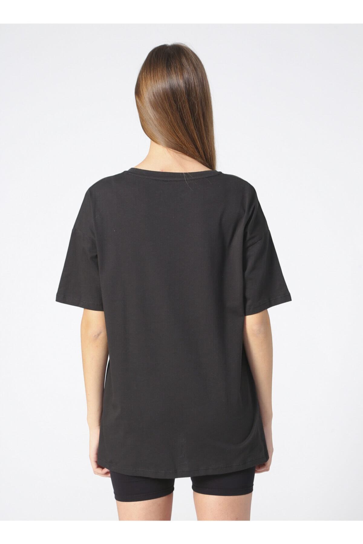 AEROPOSTALE Y-eliza Bisiklet Yaka Kısa Kollu Oversize Baskılı Siyah Kadın T-shirt