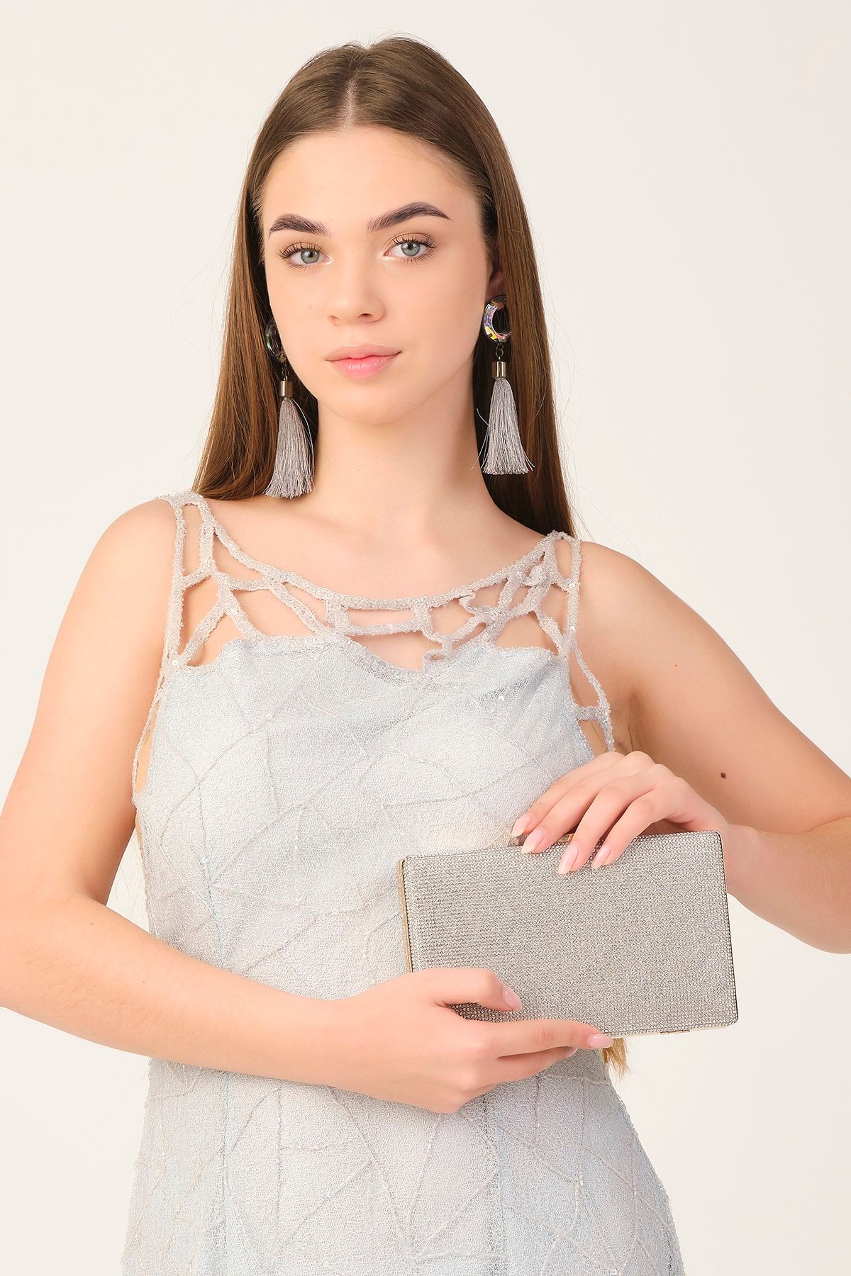 VS ACCESSORY Açık Gri Parlak Kumaşlı Çanta