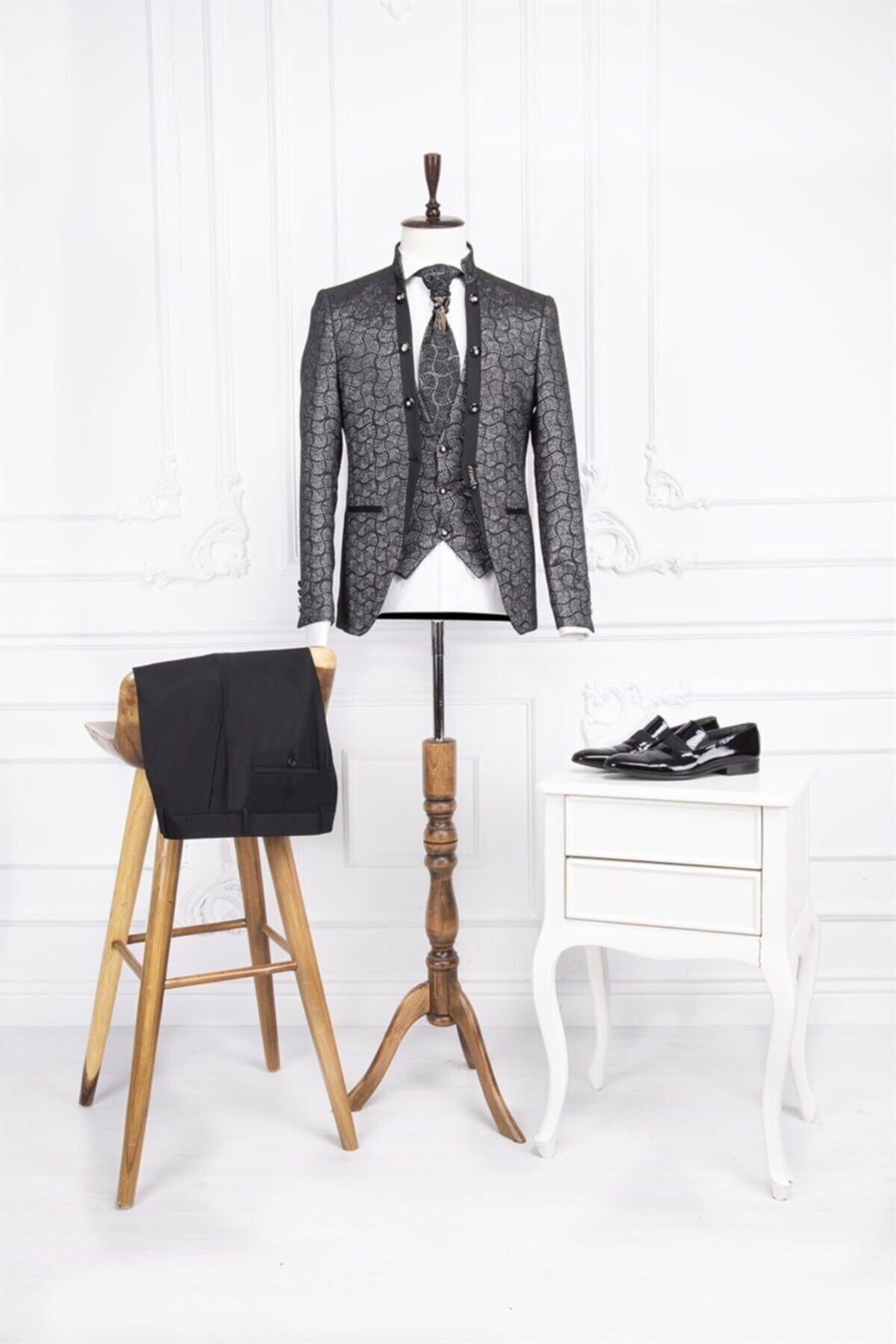 PACO ROMANO Erkek Slim Fit Hakim Yaka Yelekli Kombin Siyah Gümüş Damatlık Takım Elbise
