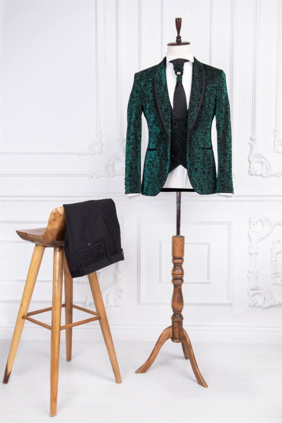 PACO ROMANO Erkek Slim Fit Şal Yaka Siyah Yeşil Yelekli Kombin Damatlık Takım Elbise