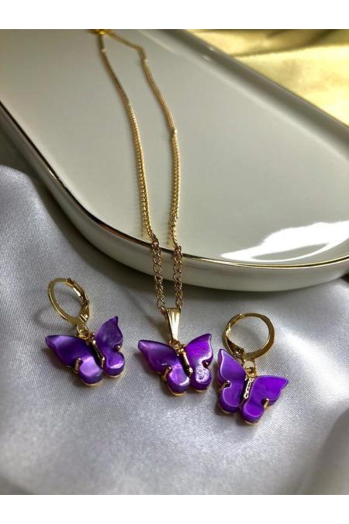 Medusa Jewellery Sedefli Gold Kaplama Mor Kolye Ve Küpe Seti