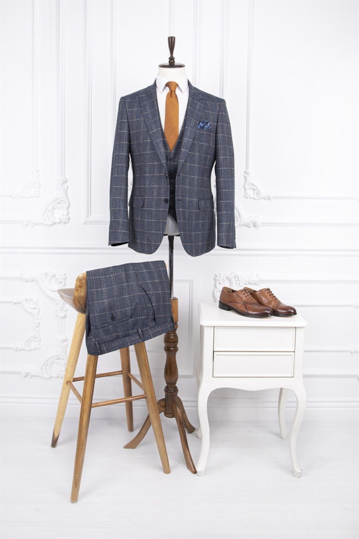 PACO ROMANO Erkek Slim Fit Sivri Yaka Ekose Lacivert Yelekli Takım Elbise