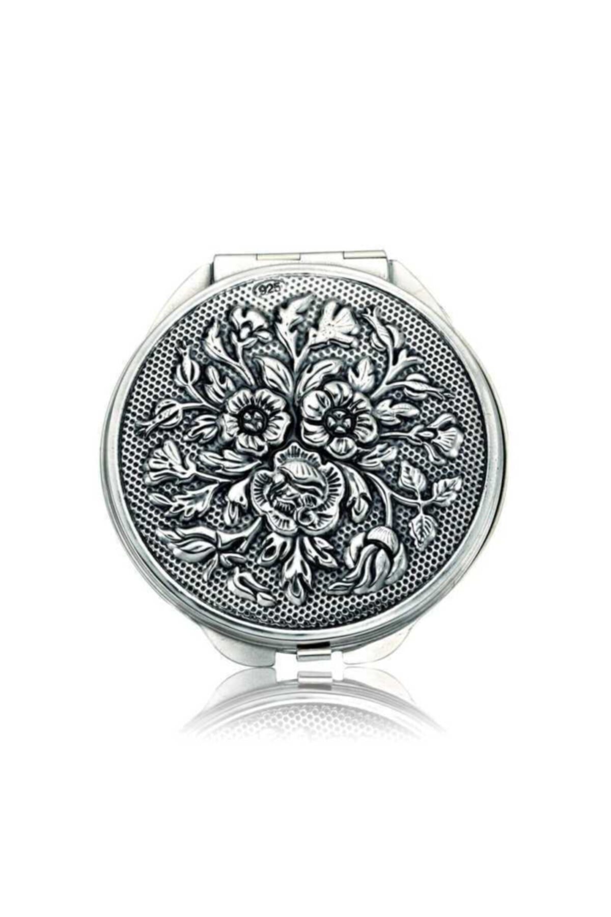 Candie Silver Gül Motifli Kapaklı Yuvarlak 925 Ayar Gümüş El Aynası