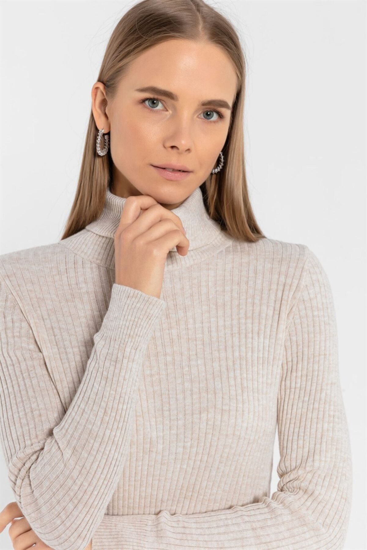 Miss Poem Kadın Balıkçı Yaka Fitilli Basic Triko Kazak 32808 Taş